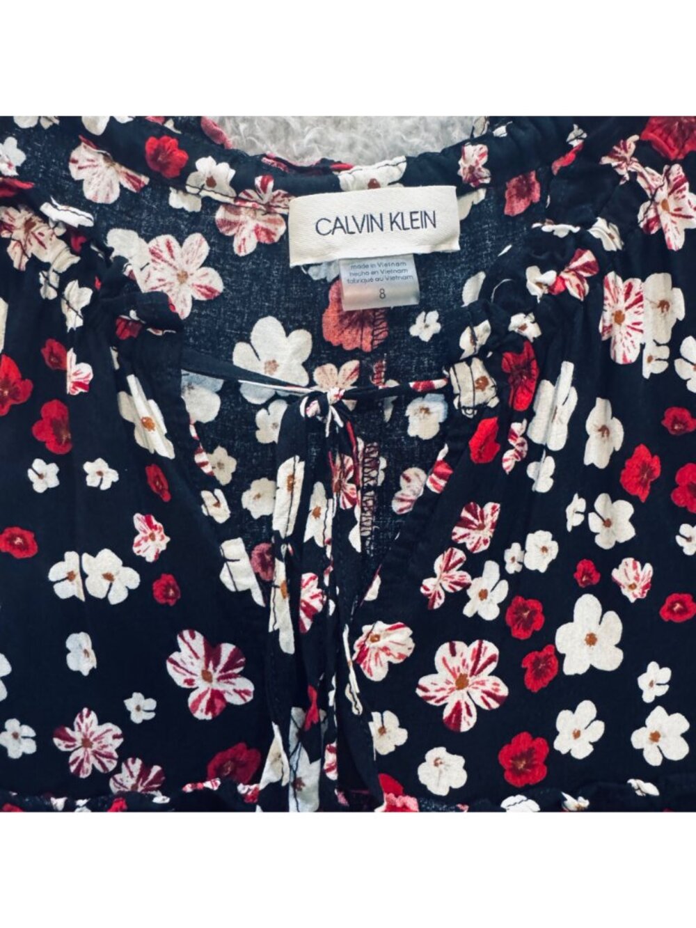 Calvin Klein Black Floral Mini Dress Size 8 Multi-Tiered Sleeveless Ruffle Boho - Picture 3 of 7